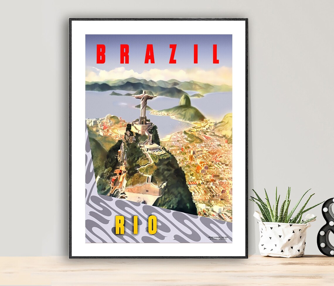 Brazil Rio Vintage Travel Poster Christ the Redeemer Guanabara Bay Art