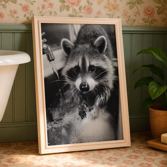 Funny Raccoon Washing Hands Bathroom Poster Black And White Photography