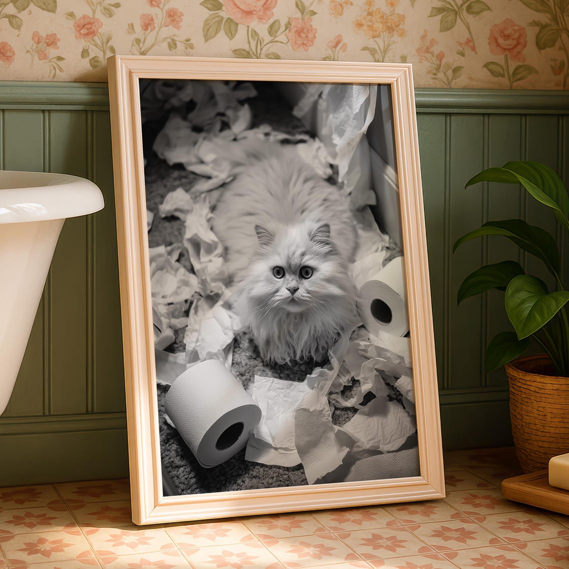 Funny Cat Toilet Paper Bathroom Poster Black And White Photography Wall Art