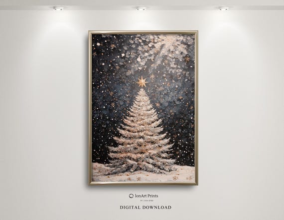 Starry Xmas Art Christmas Tree Festive Winter Wall Decor Luxury Holiday Illustration Vintage Oil Painting