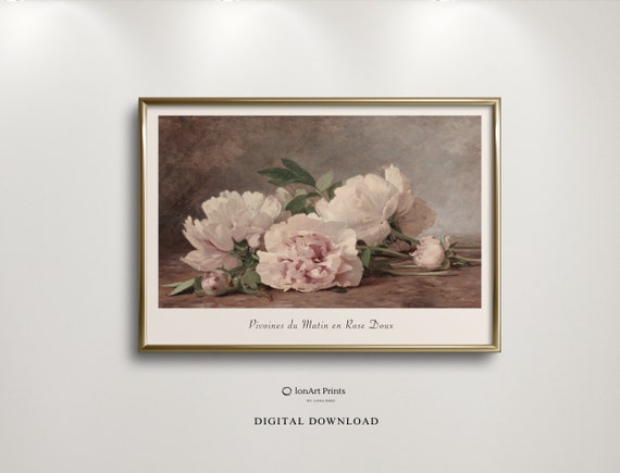 Vintage Still Life Painting Pink Peonies Botanical Print Farmhouse Wall Art Pastel Rustic Decor Fine French