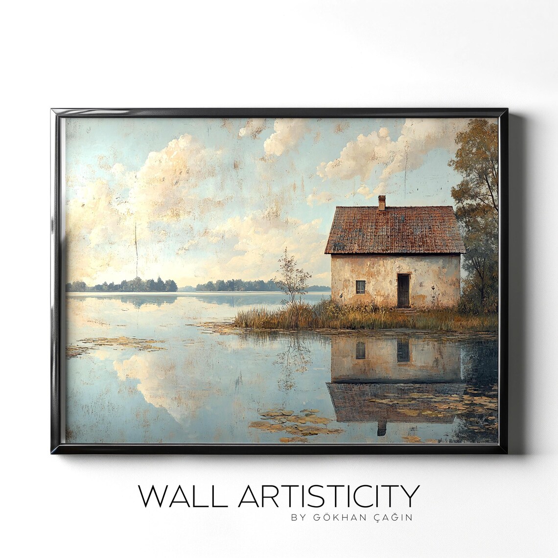 Vintage Lakeside Cottage, Rustic Landscape Art Print