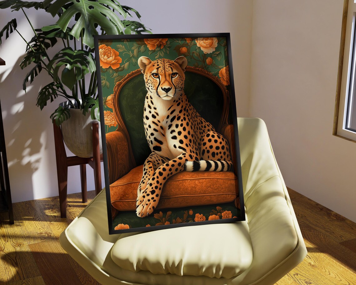 Regal Cheetah Sitting On Ornate Armchair With Floral Wall Art - Image 4
