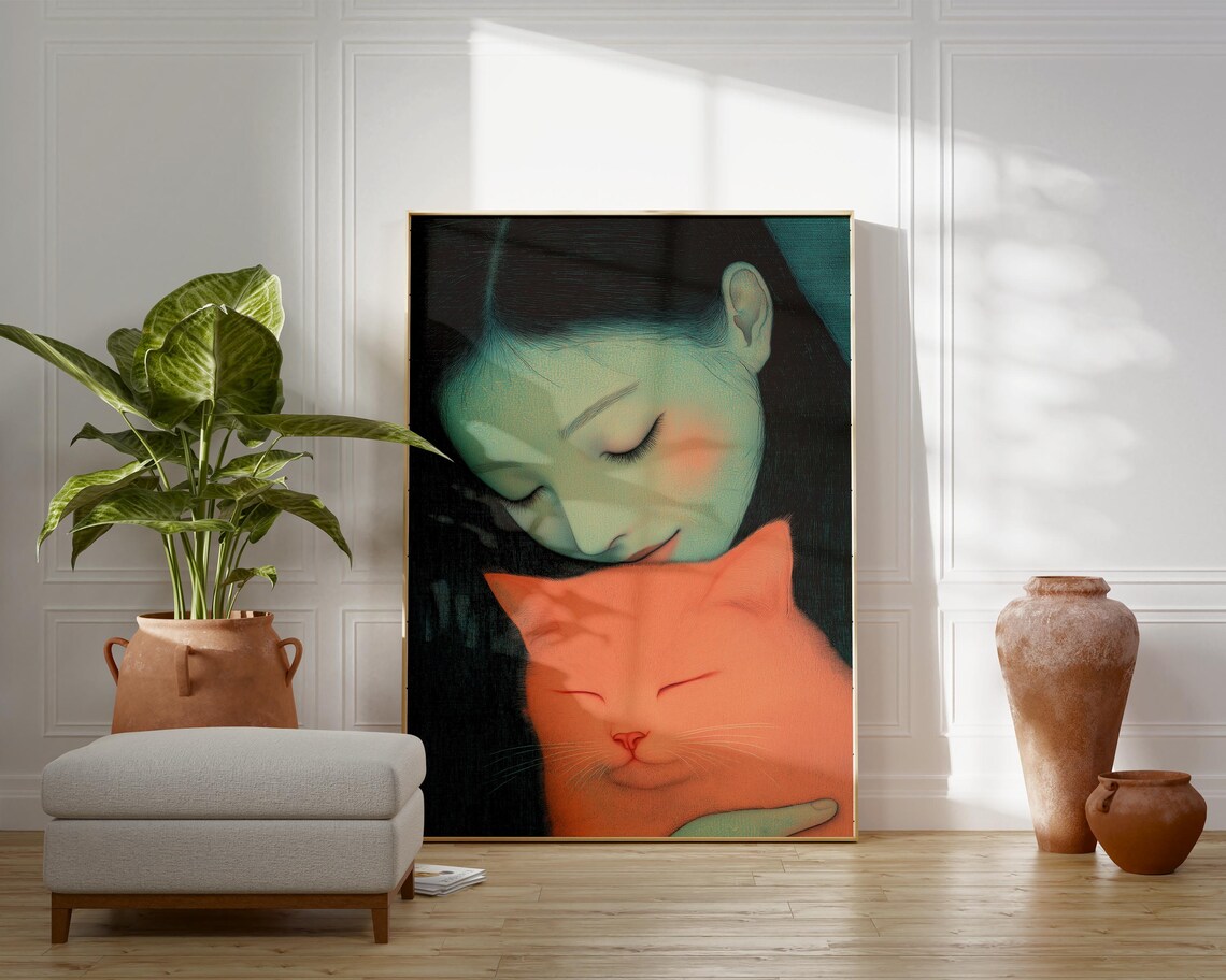 Abstract People Cat Lover Art, Contemporary Cat Artwork - Image 4