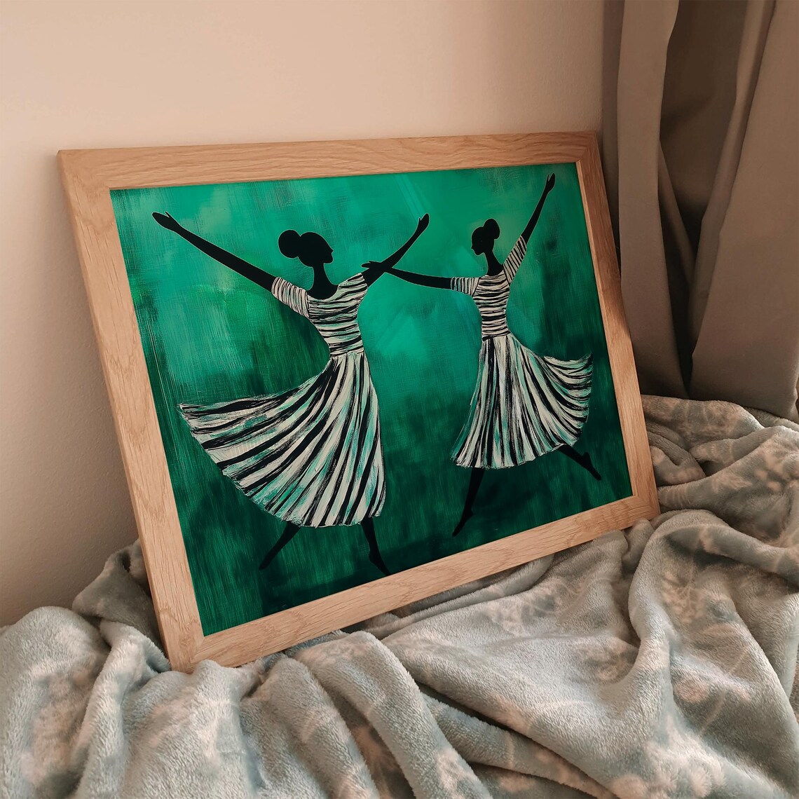 Two Dancing Silhouettes in Striped Dresses on Teal Art Poster - Image 2