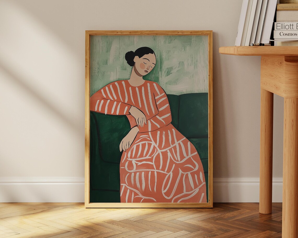 Resting Woman In Coral Striped Dress Matisse Style Abstract Art Poster - Image 2