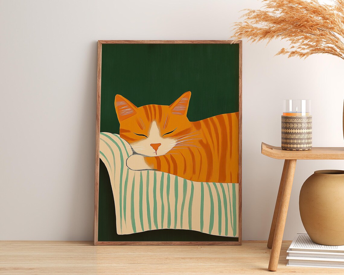 Orange Tabby Cat Sleeping On Striped Blanket Dark Green Poster - Image 3