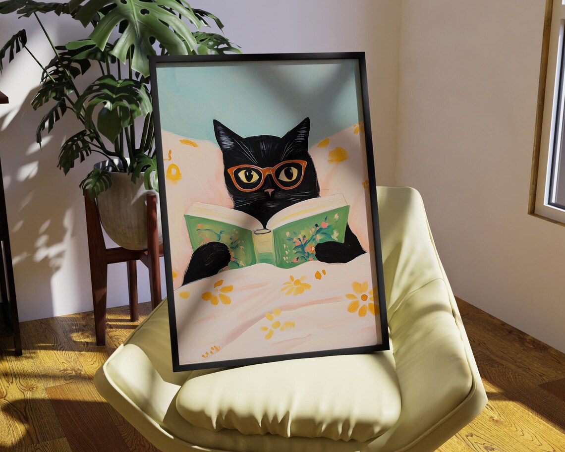 Bookworm Cat, Contemporary Reading Cat Art Print - Image 4