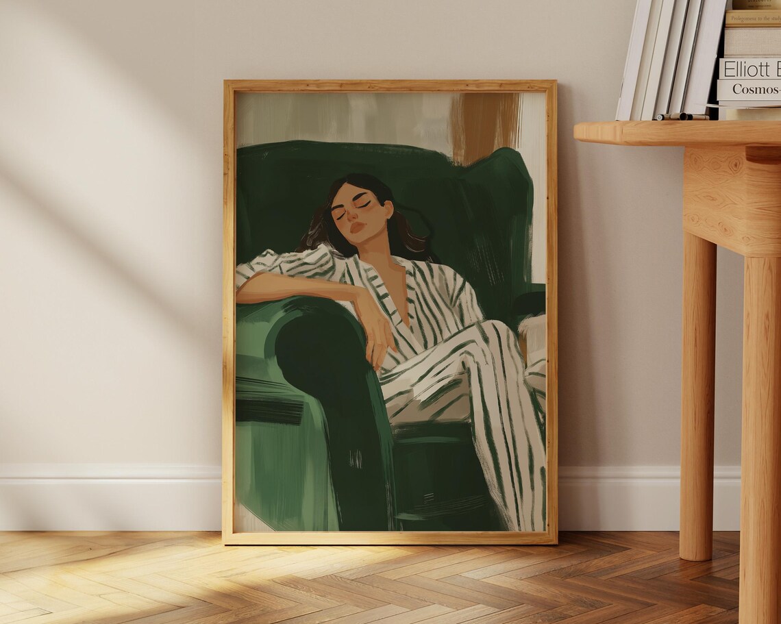 Woman Lounging In Striped Pajamas On Emerald Armchair Poster - Image 2