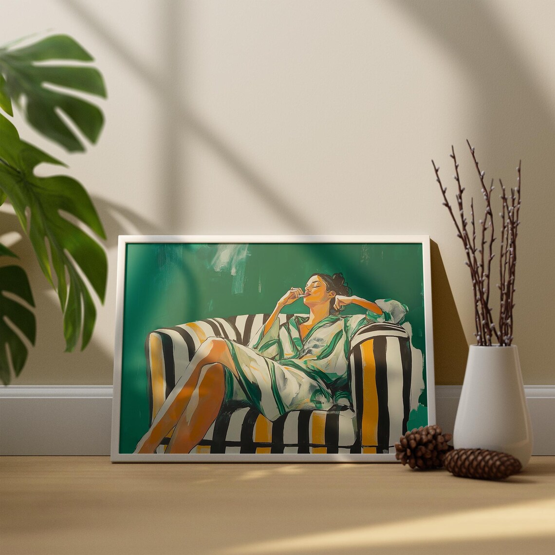 Woman Smoking on Striped Chair Emerald Green Painting Poster - Image 2