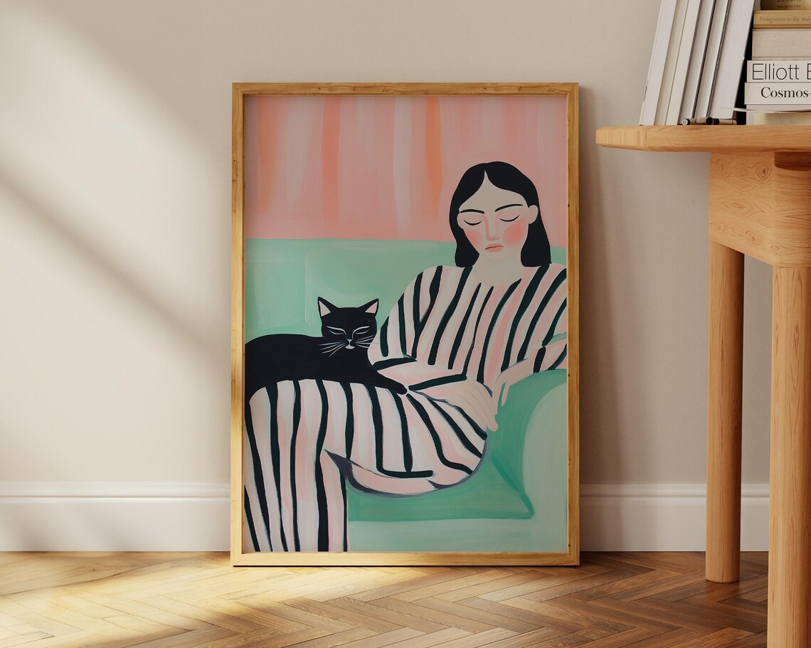 Relaxing Woman With Black Cat Pink Green Minimalist Feline Art Poster - Image 4