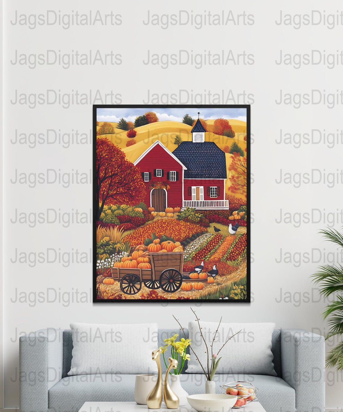 Fall Harvest Folk Art Red Barn Pumpkins Wagon Country Scene Poster - Image 6