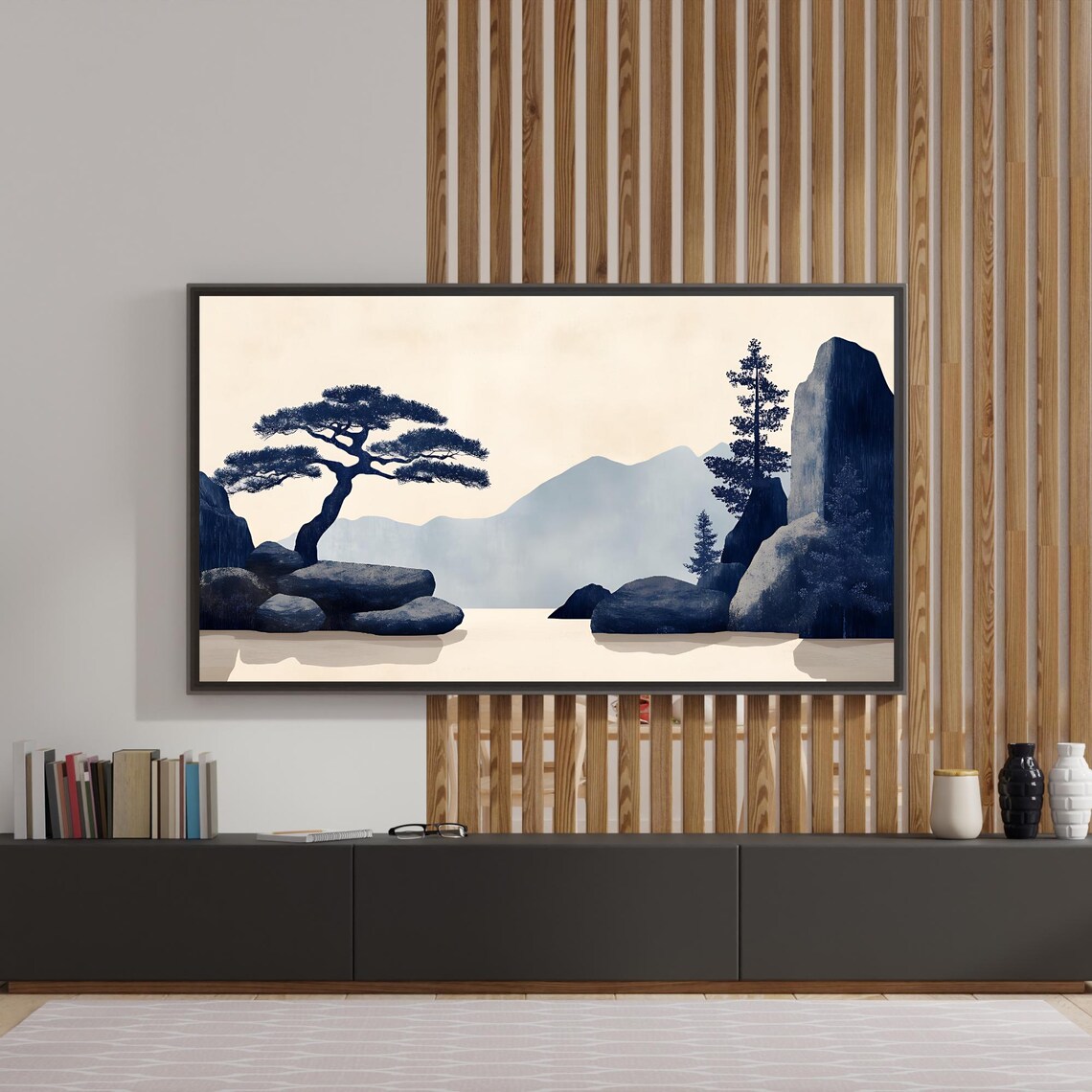 Japandi Zen Pine Tree Misty Mountains Ink Blue Minimal Landscape Poster - Image 2