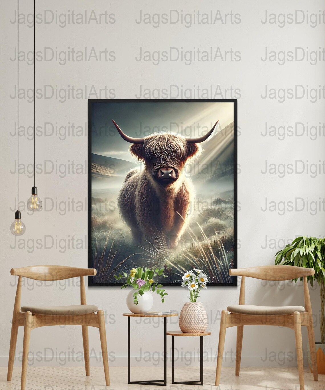Highland Cow Misty Moorland Sunlight Dramatic Animal Portrait Poster - Image 3