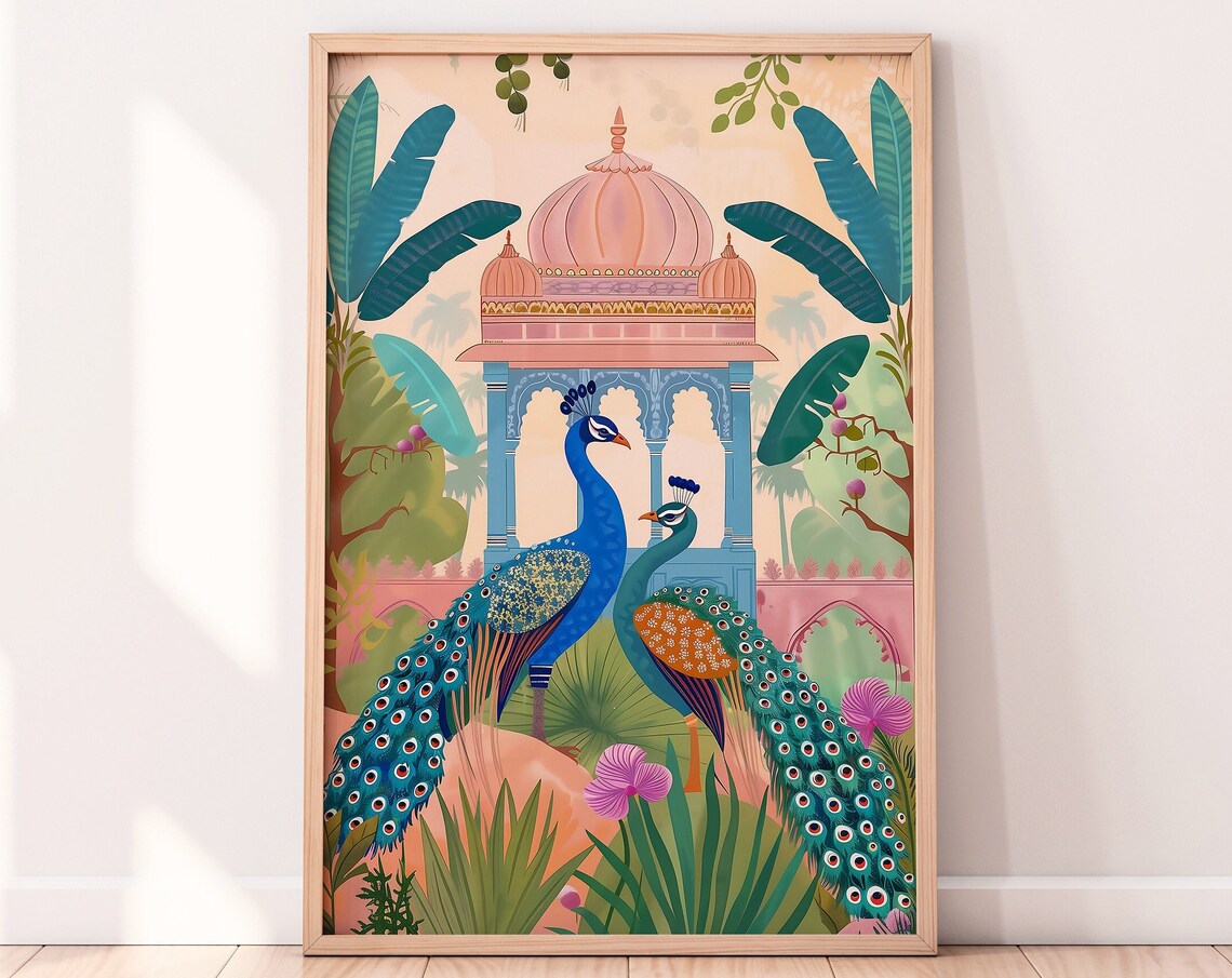 Indian Palace Peacock Painting, Tropical Wall Art