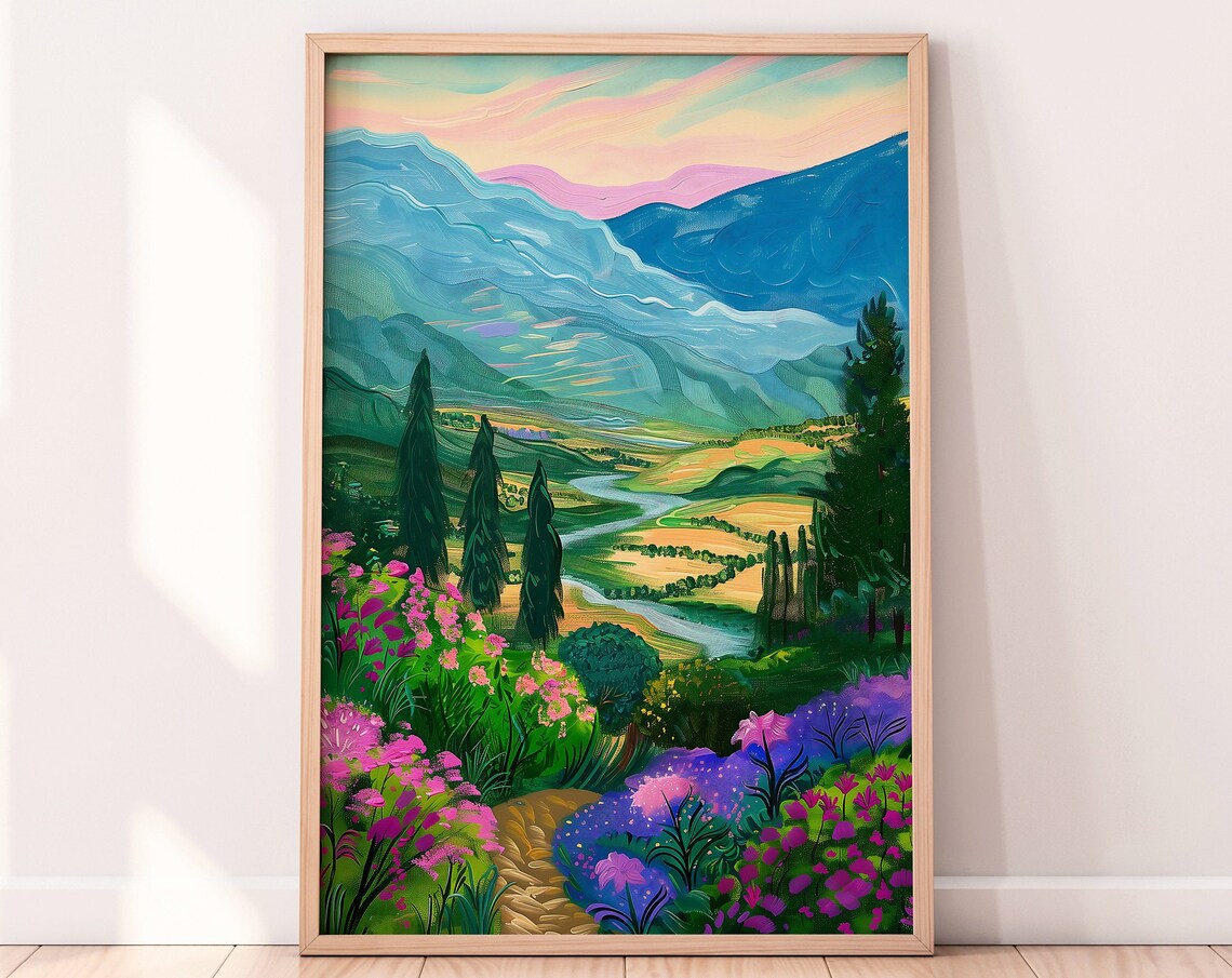 Colorful Countryside Art Print, Floral Landscape