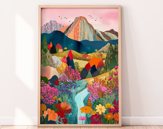 Abstract Mountain Artwork, Colorful Patchwork Print