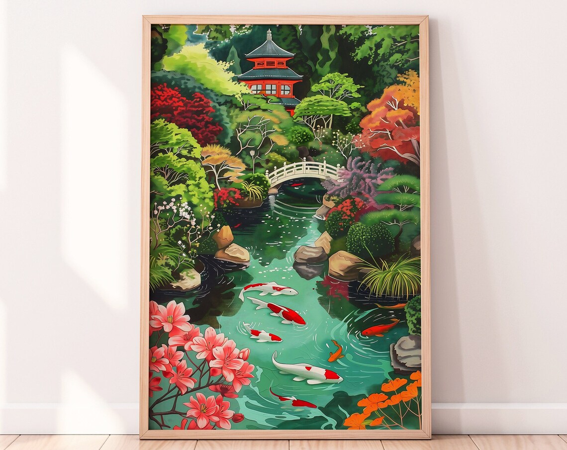 Koi Fish Pond Illustration Colorful Japanese Garden