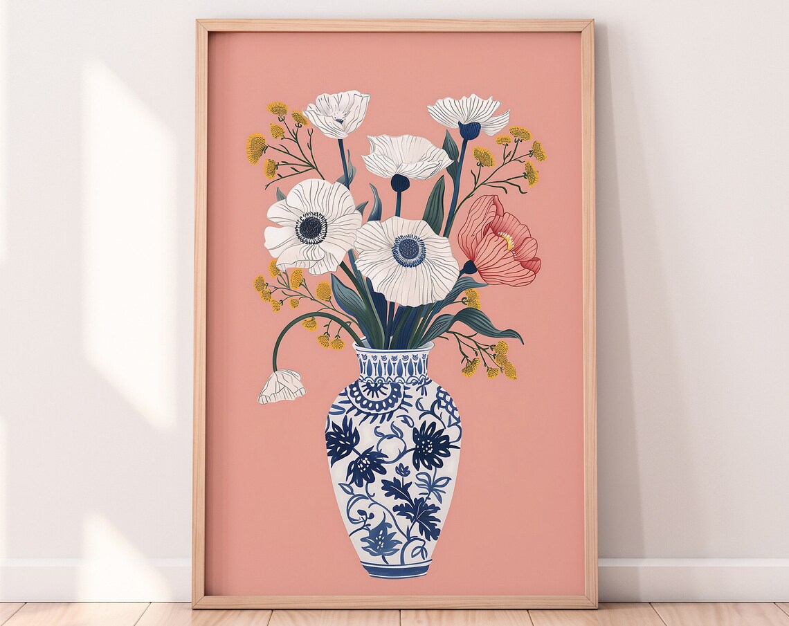 White Poppies Blue White Vase Pink Background Floral Art Poster