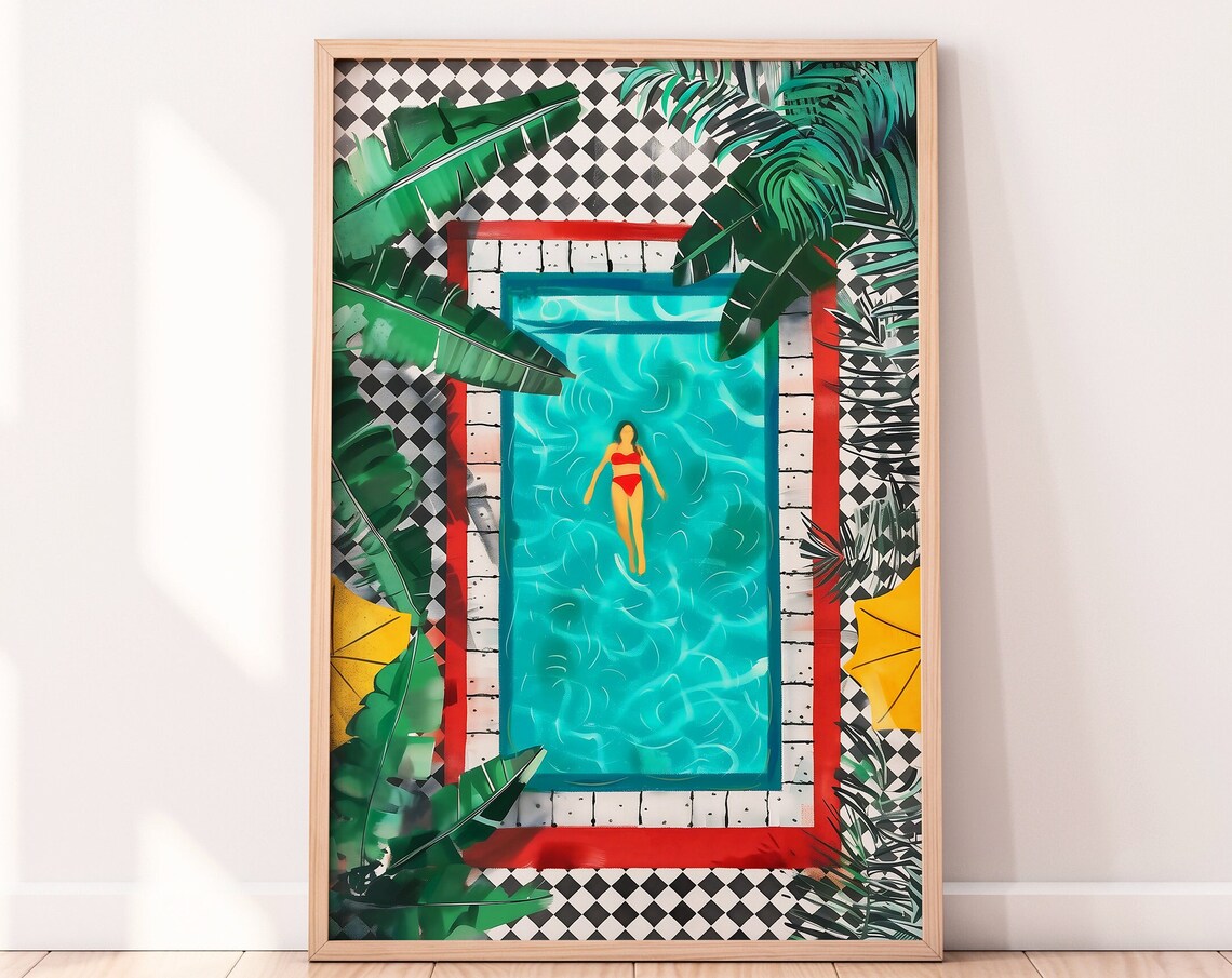Tropical Pool Illustration Tropical Art Summer Decor Botanical Wall Art