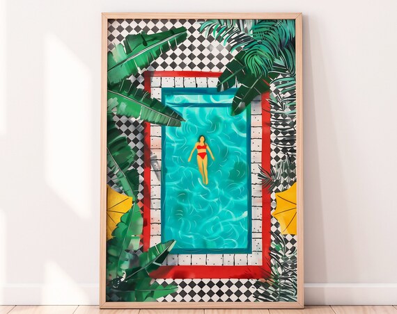 Tropical Pool Illustration Tropical Art Summer Decor Botanical Wall Art