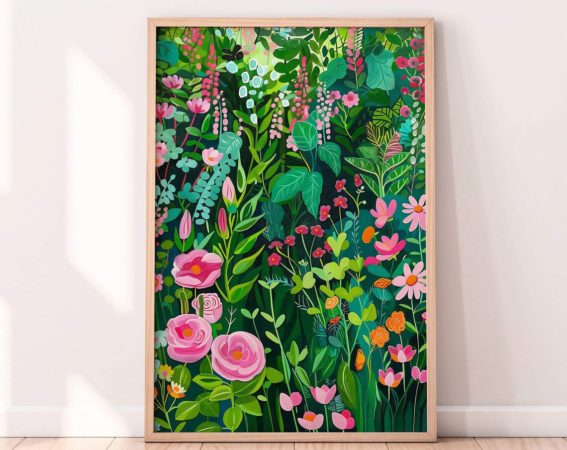 Lush Pink Floral Garden Painting With Dark Green Leaves Poster