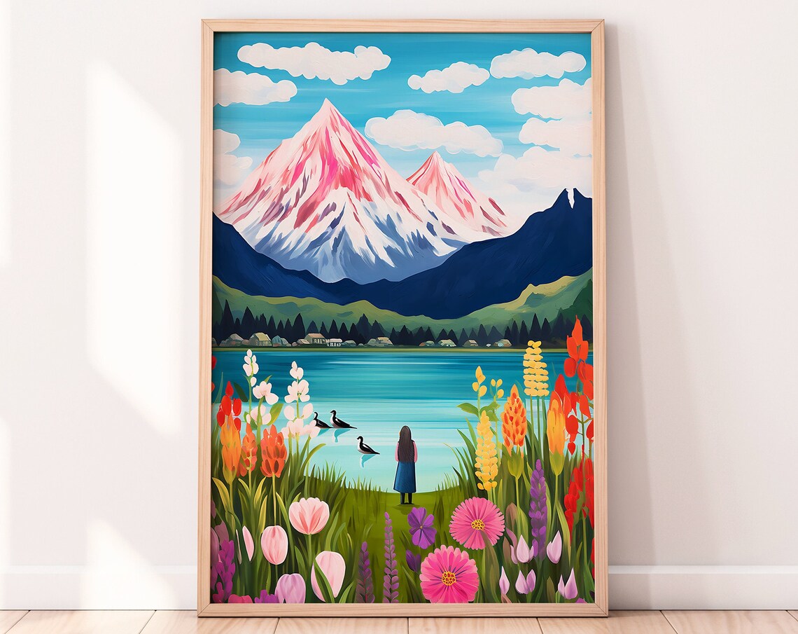 Lake Pukaki Travel Poster, Mountain View Illustration