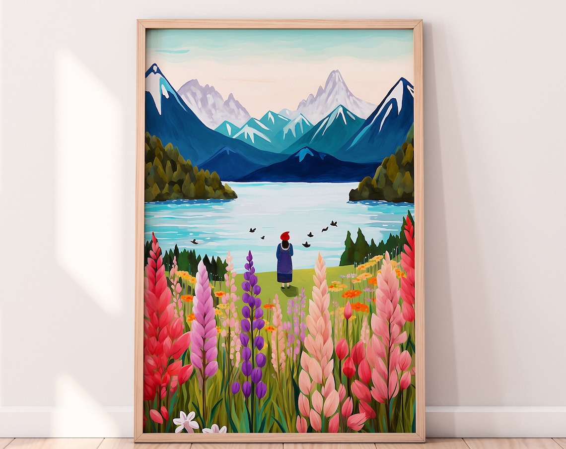 New Zealand Travel Illustration, Mountain Lake Poster