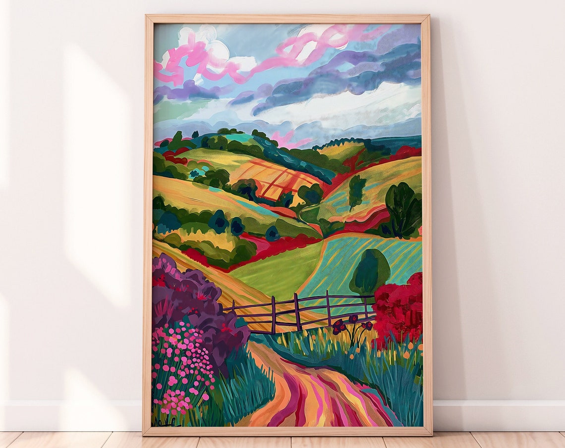 Abstract Colorful Countryside Rolling Hills Pink Clouds Wall Art - Image 3