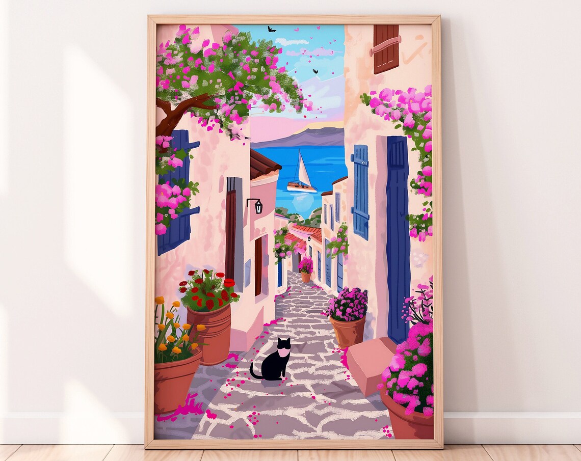 Rhodes Illustration Greece Travel Poster, Lindos Cat - Image 4