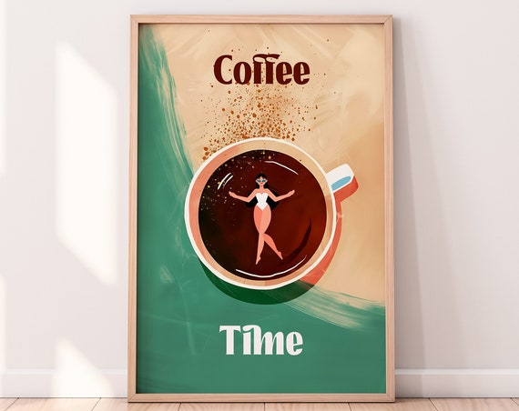 Coffee Time Illustration Coffee Time Kitchen Wall Art Coffee Station Art Coffee Lover Gifts