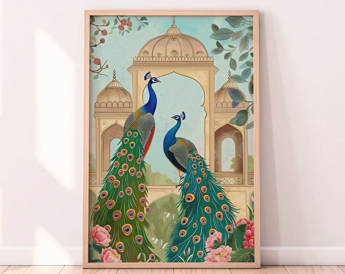 Two Elegant Peacocks Before an Indian Palace Garden Floral Wall Art