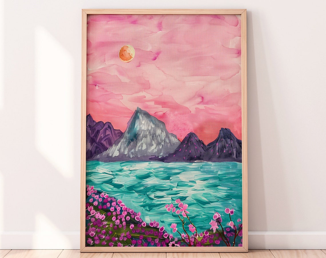 Pink Sky Over A Teal Mountain Lake With Wildflowers Art Print