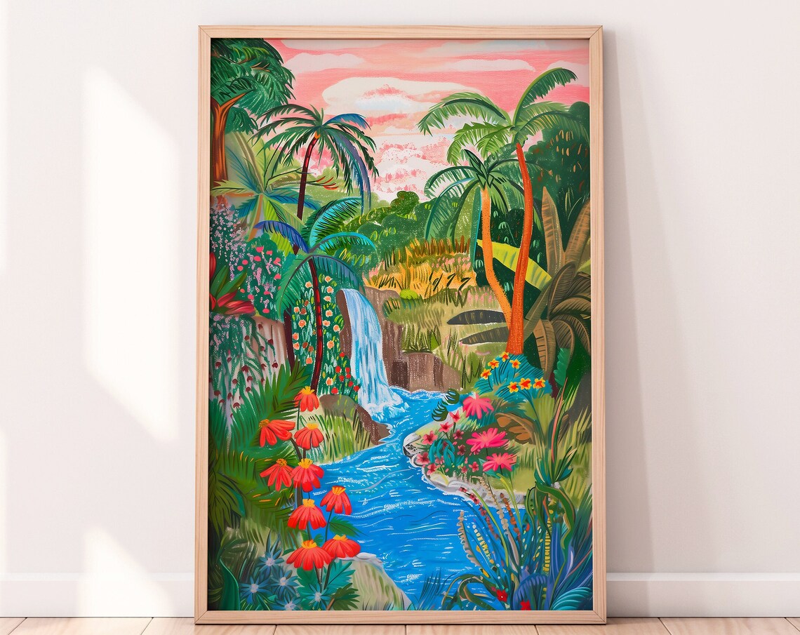 Tropical Jungle Waterfall Art Print, Botanical Scene