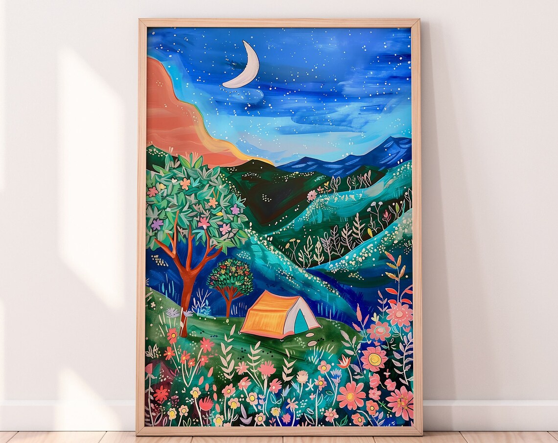 Camping At Night Illustration, Forest Adventure Art Print