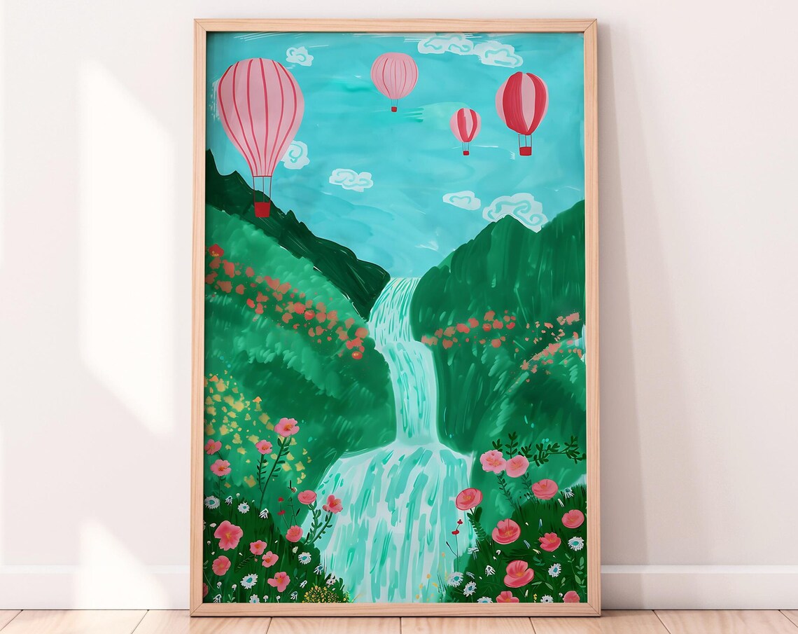 Waterfall Hot Air Balloons Pink Flower Valley Bright Art Scene Poster - Image 2