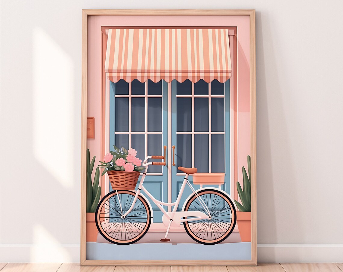 Pink Bicycle Floral Travel Poster, NYC Art