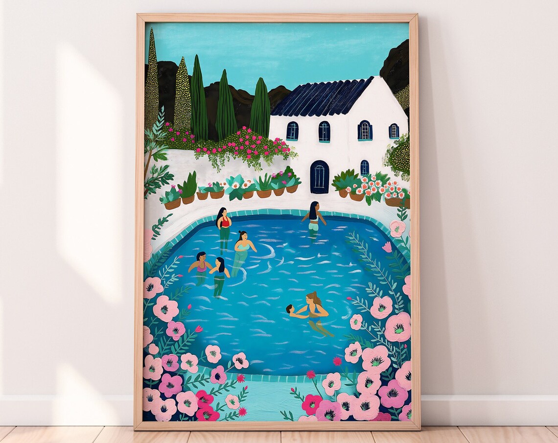 Swimming Pool Illustration Retro Women In Pool Floral Summer Wall Art - Image 4