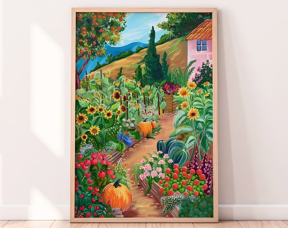 Vegetable Garden Illustration Colorful Scenery Wall Art Summer Bright Vibrant Print Floral Botanical Drawing