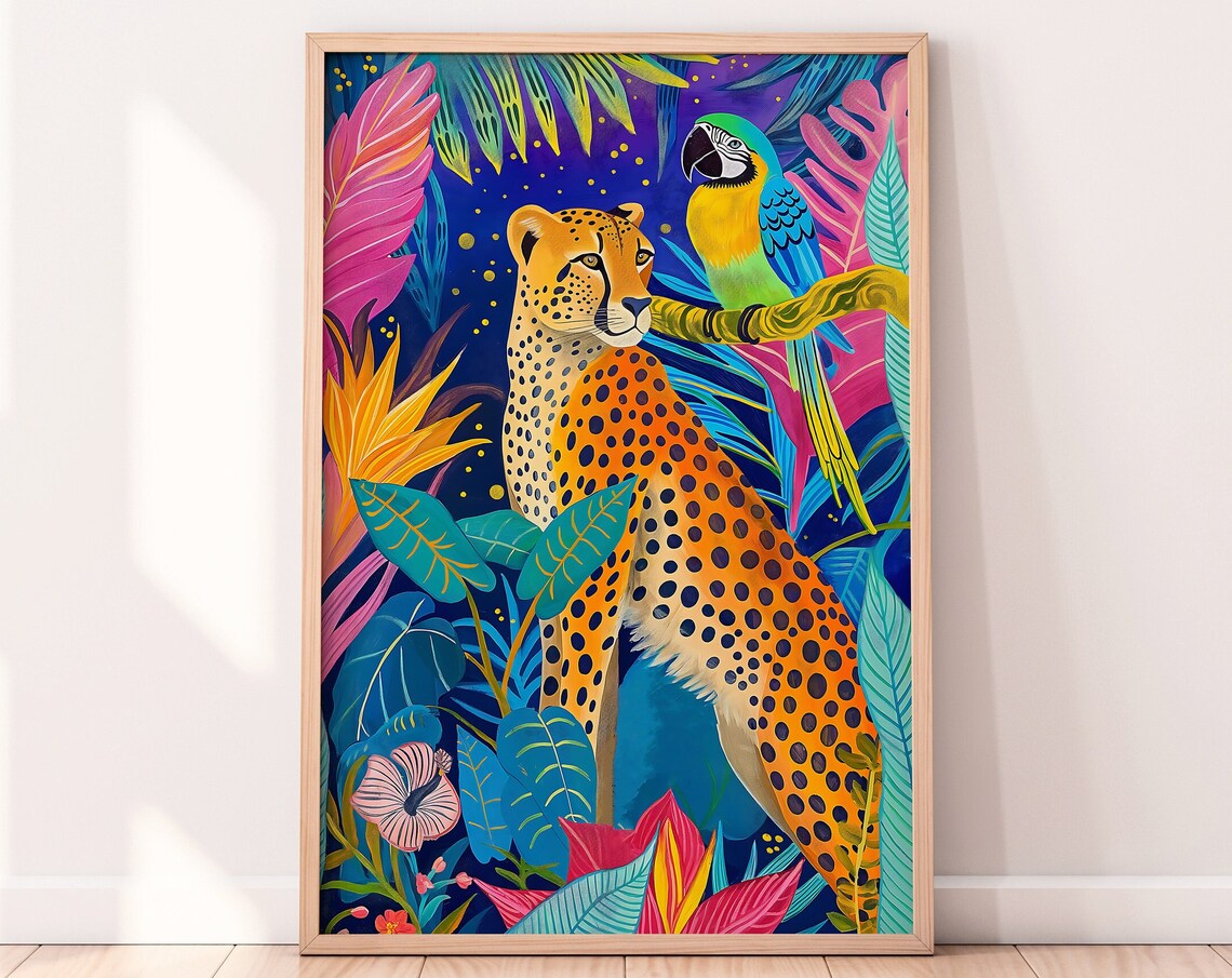 Cheetah and Parrot Tropical Jungle Neon Leaves Wildlife Poster