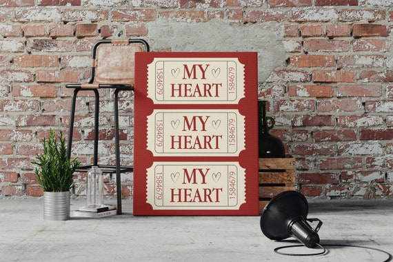 My Heart Ticket Print Pink Red Love Cute Romantic Wall Art Couple Valentines Day Anniversary Newlywed Gift Trendy Apartment Decor