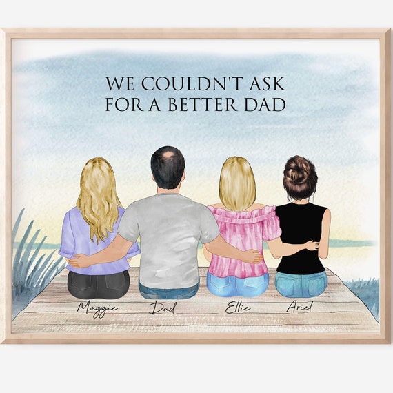 Personalized Dad Kids Illustration Daddy Birthday Custom Father Daughter Son Art Print Family Drawing With Lake Background Dad Sisters