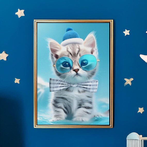 Cool Kitten in Blue Sunglasses Knit Hat and Bow Tie Art Poster