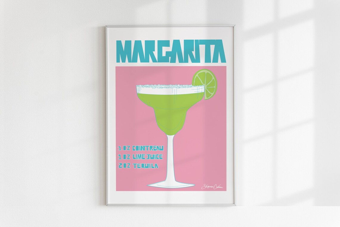Margarita Cocktail Recipe Pink Retro Teal Bar Cart Drink Print