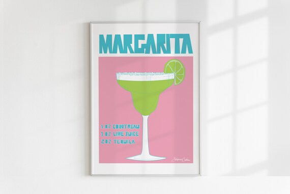 Margarita Cocktail Recipe Pink Retro Teal Bar Cart Drink Print