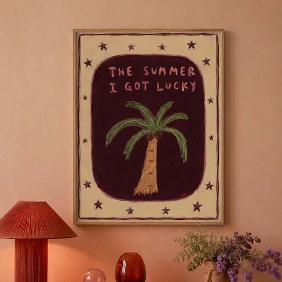 The Summer I Got Lucky Quote Poster Palm Tree Retro Hand Painted Wall Decor