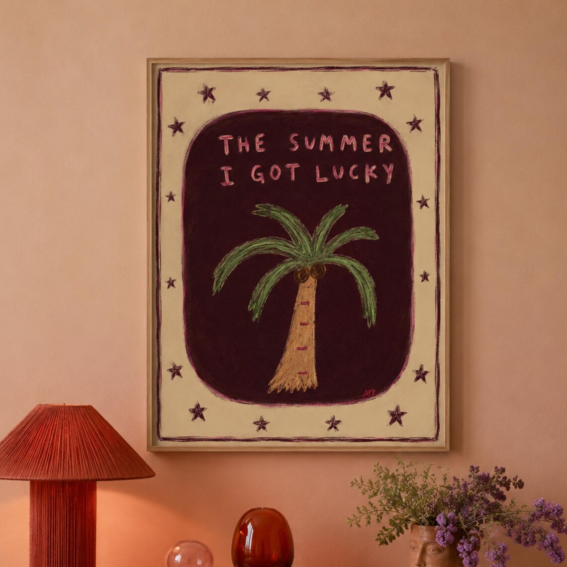 The Summer I Got Lucky Quote Poster Palm Tree Retro Hand Painted Wall Decor