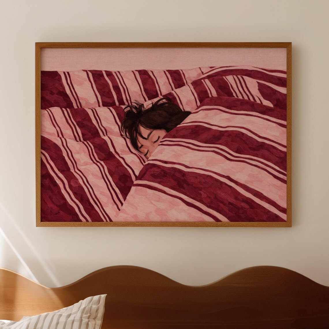 Sleeping Woman in Pink Striped Bed, Mid-Century Poster