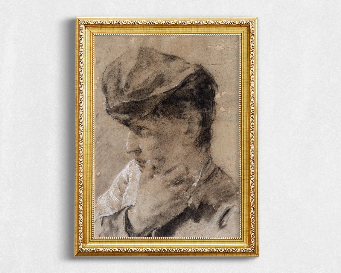 Sepia Chalk Sketch Young Man Cap Chin In Hand Old Master Study Poster - Image 2