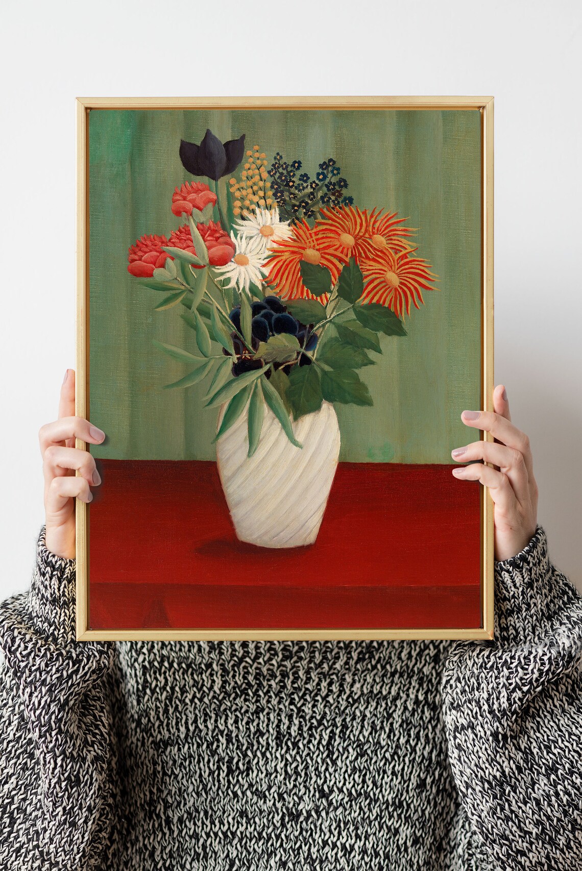 Vibrant Naive Folk Art Flower Bouquet White Vase Red Table Art Poster - Image 2